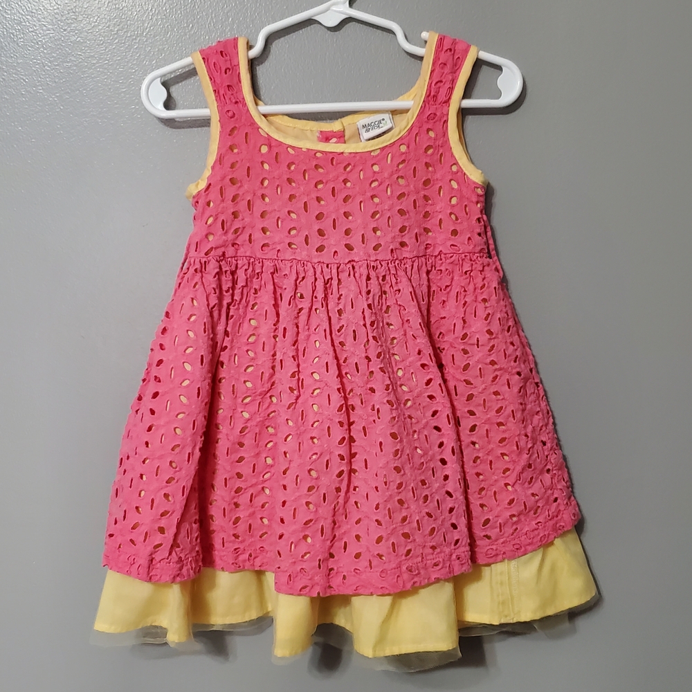Maggie & Zoe Pink Eyelet Dress with Yellow Tulle Liner Size 18M